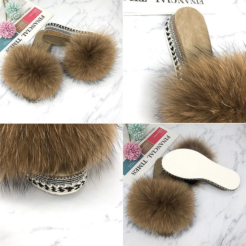 Women's Dark Green Real Fur Fluffy Rivets Platform House Slippers