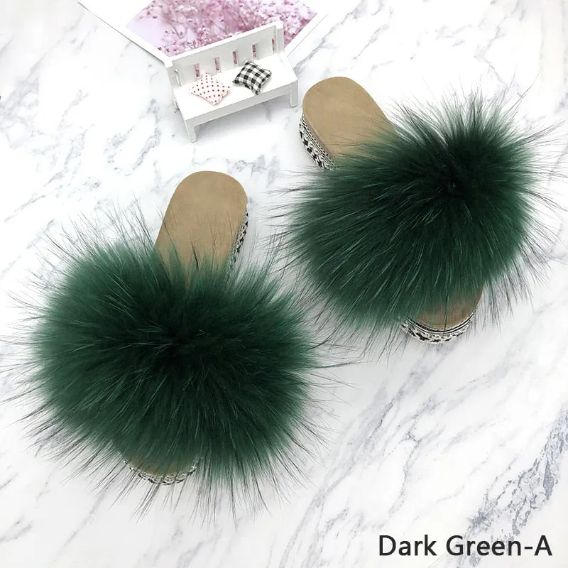 Women's Dark Green Real Fur Fluffy Rivets Platform House Slippers