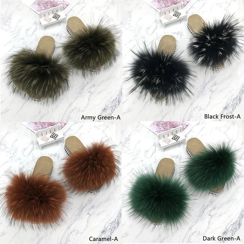 Women's Dark Green Real Fur Fluffy Rivets Platform House Slippers