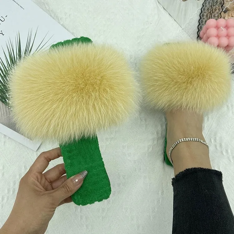 Women's Light Yellow Real Fur Slides Cotton Fluffy Flat House Slippers