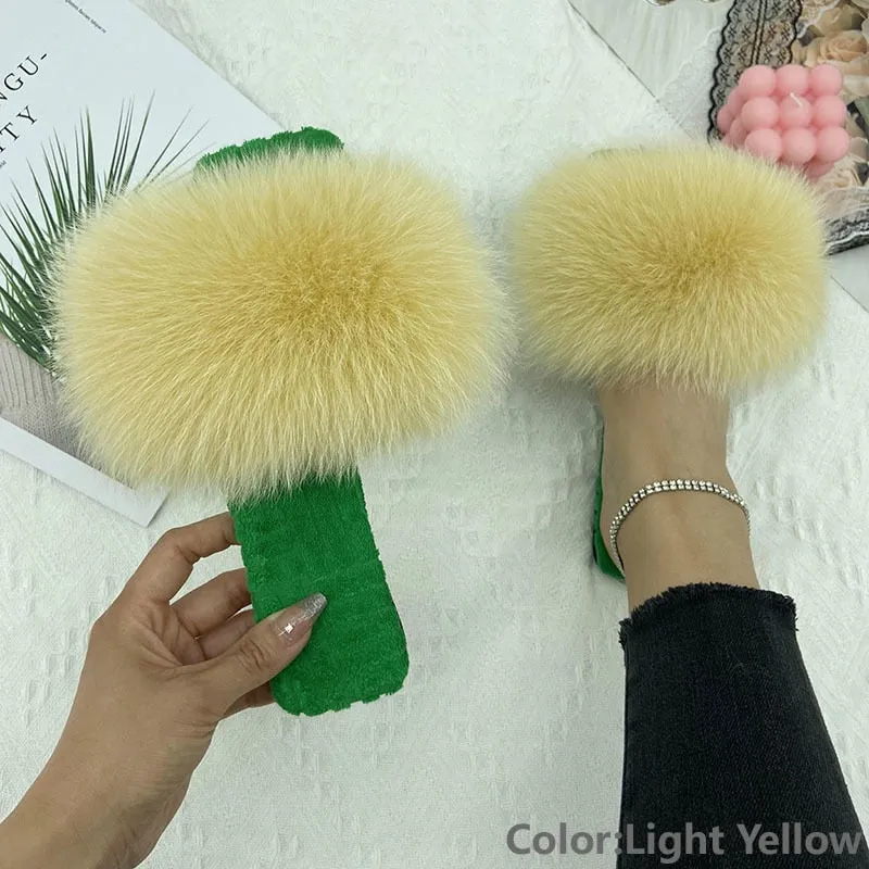 Women's Light Yellow Real Fur Slides Cotton Fluffy Flat House Slippers