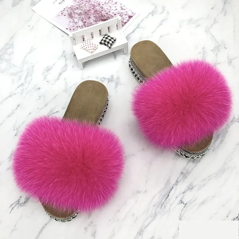 Women's Rose Red Summer Real Fur Rivets Platform House Slippers