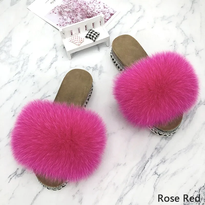 Women's Rose Red Summer Real Fur Rivets Platform House Slippers