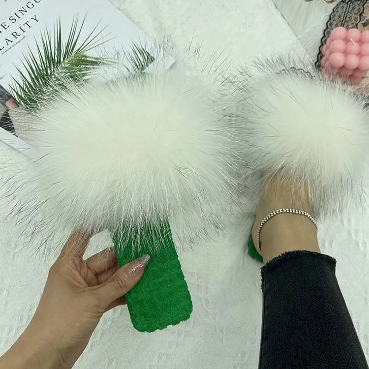 Women's Summer Cotton Fluffy Natural Fur Slides House Slippers