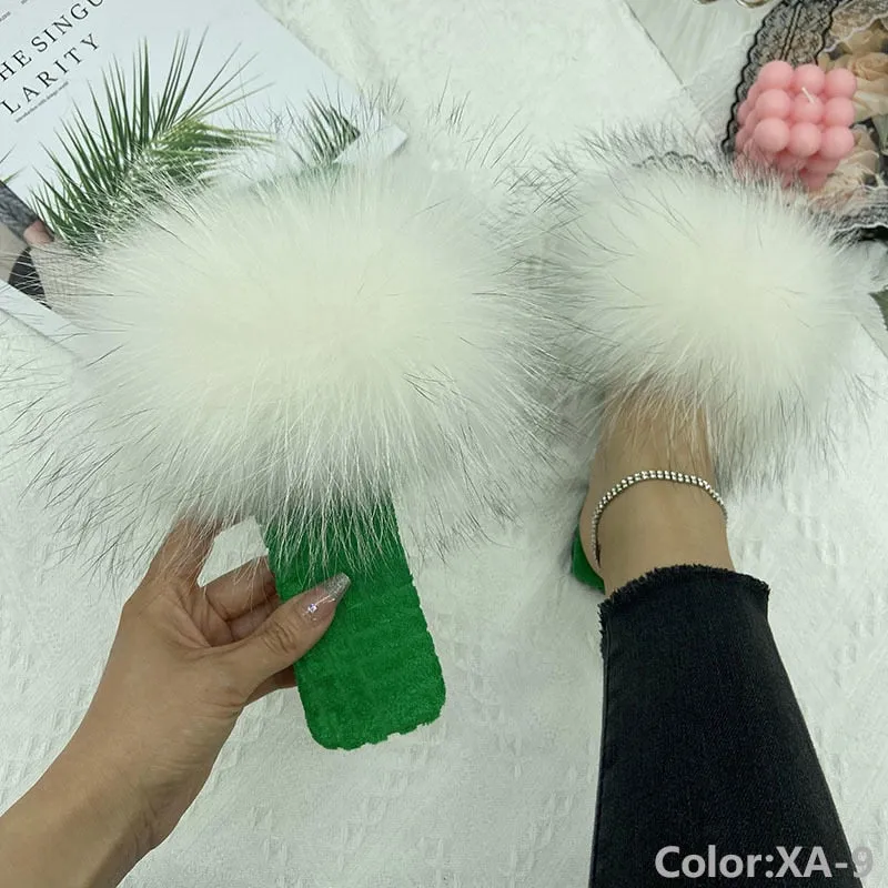 Women's Summer Cotton Fluffy Natural Fur Slides House Slippers