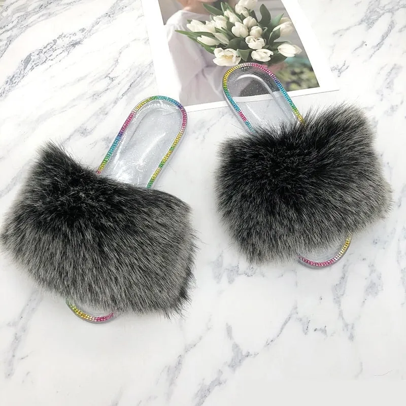 Women's Summer Fashion Black Frost Synthetic Fur Slides House Slippers