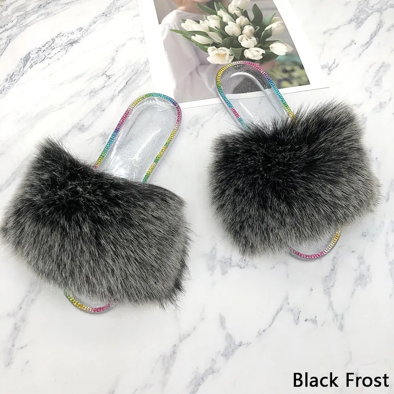 Women's Summer Fashion Black Frost Synthetic Fur Slides House Slippers