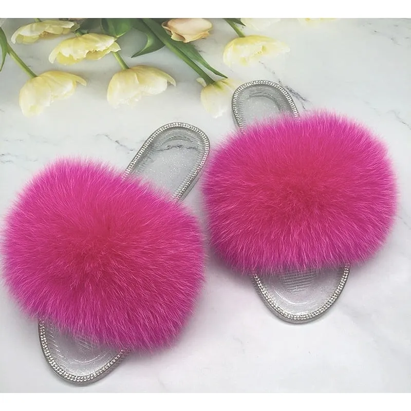 Women's Summer Fashion Real Fur Transparent Jelly Flip Flop Slippers