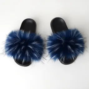 Women's Summer Navy Blue Raccoon Patchwork Fur House Slippers