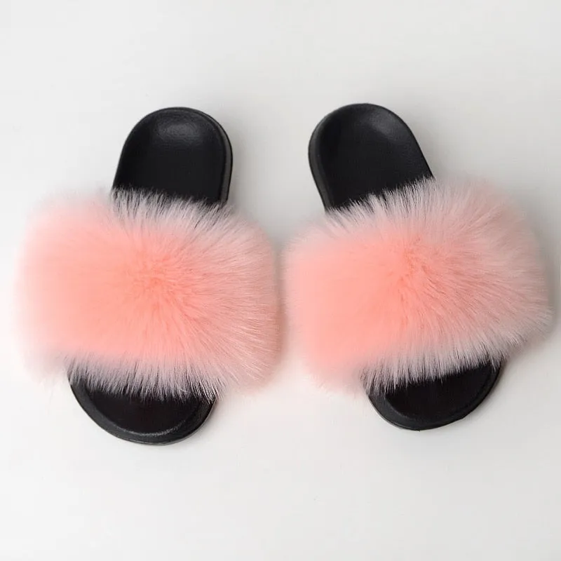 Women's Summer Pink Color Synthetic Fur Fluffy Flat Indoor Slides Slippers